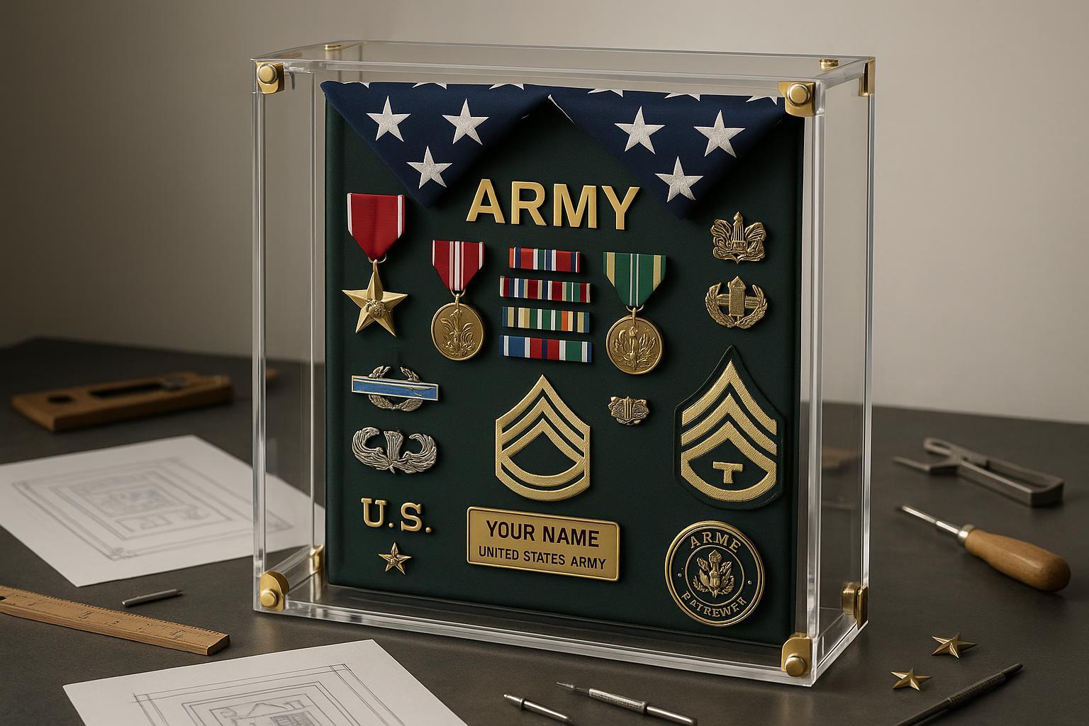 Creative Army retirement shadow box in a modern acrylic display case, surrounded by memorabilia, medals, and design sketches.
