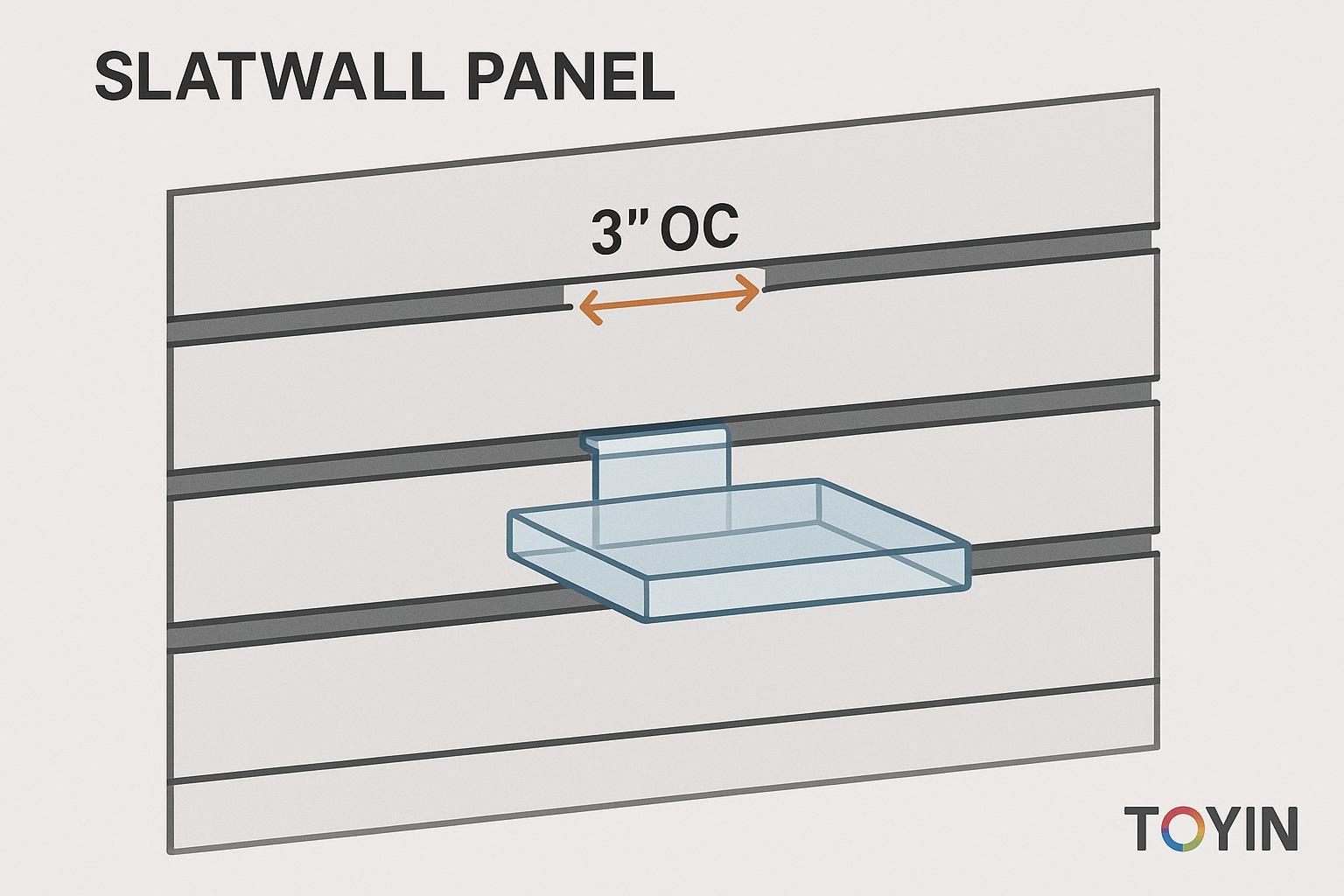 Diagram of a slatwall panel with 3-inch on-center (OC) groove spacing and an acrylic shelf, showing fit and spacing for retail displays.
