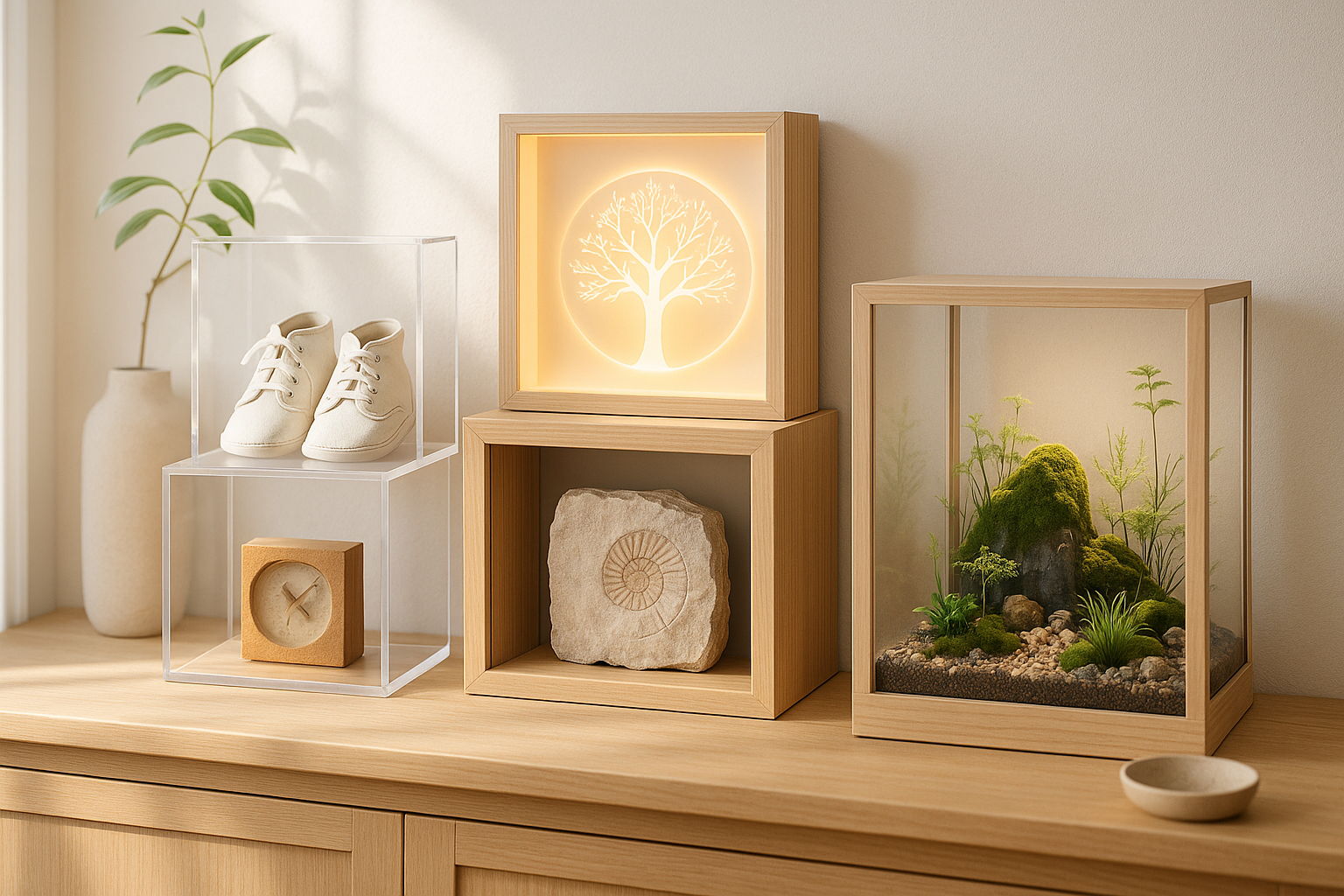 Cover image: Modern home interior with creative shadow box display ideas featuring acrylic, wood, and glass case designs with keepsakes, LED art, and terrarium elements.