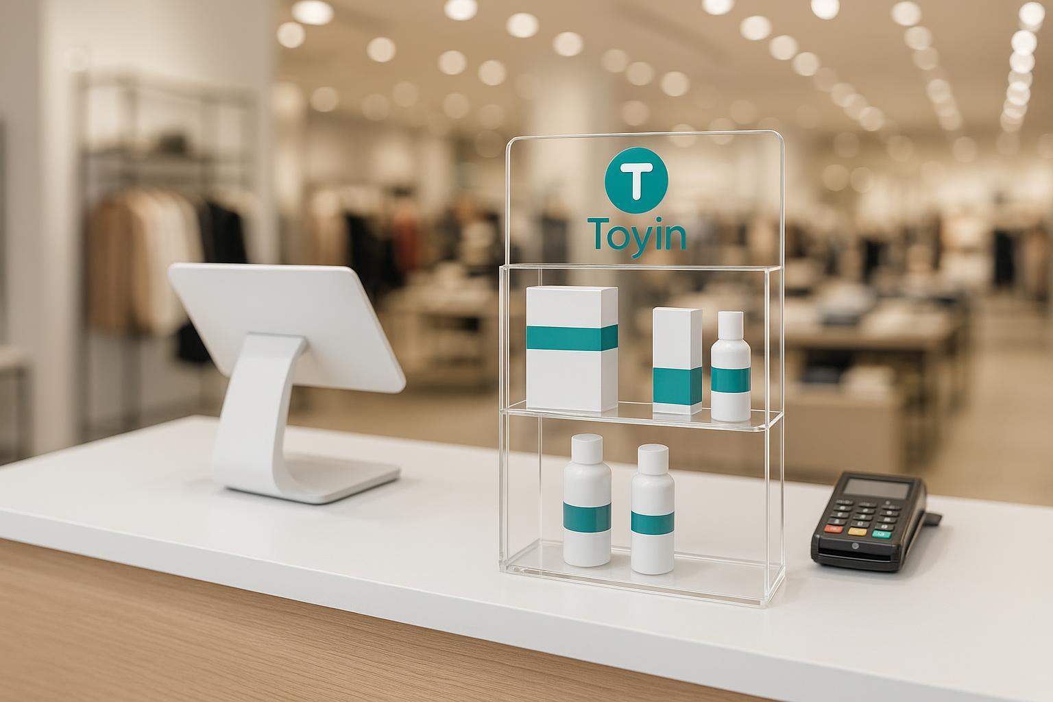 Modern retail checkout featuring a sleek acrylic POS stand by Toyin, with efficiency and branding highlighted.