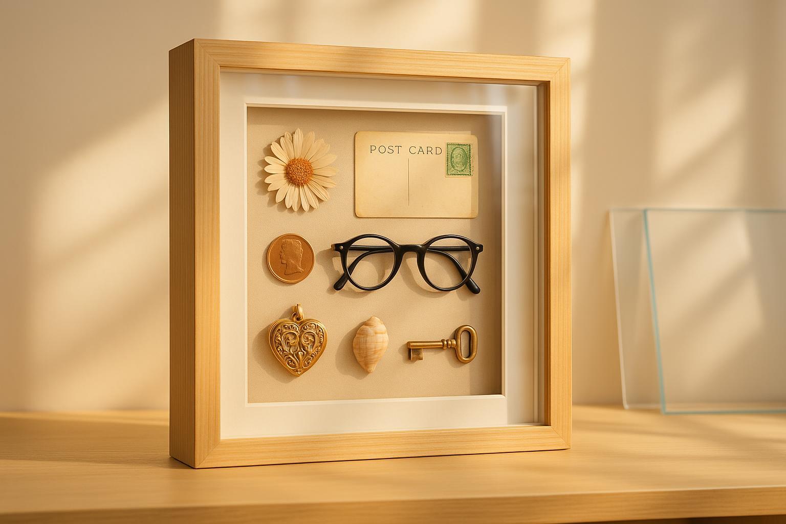 Crystal clear shadow box frame with glass cover displaying collectibles, highlighting clarity and protection.