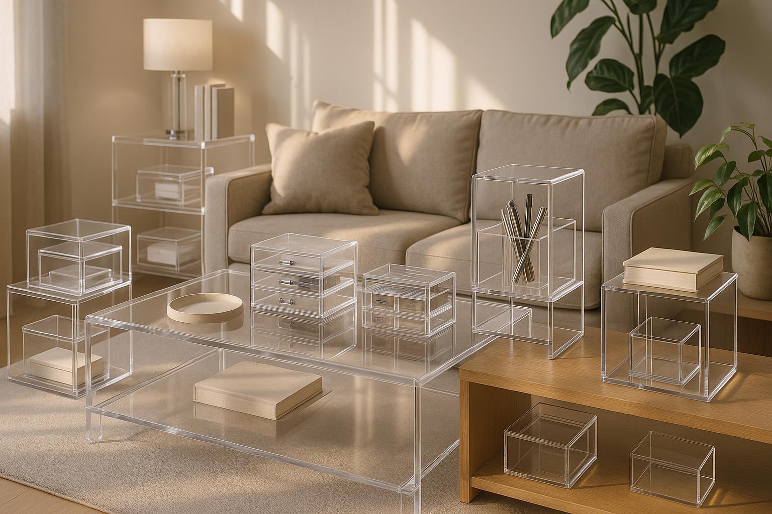 Modern home interior with clear acrylic furniture, organizers, and display boxes bathed in light, showcasing versatility and design potential.