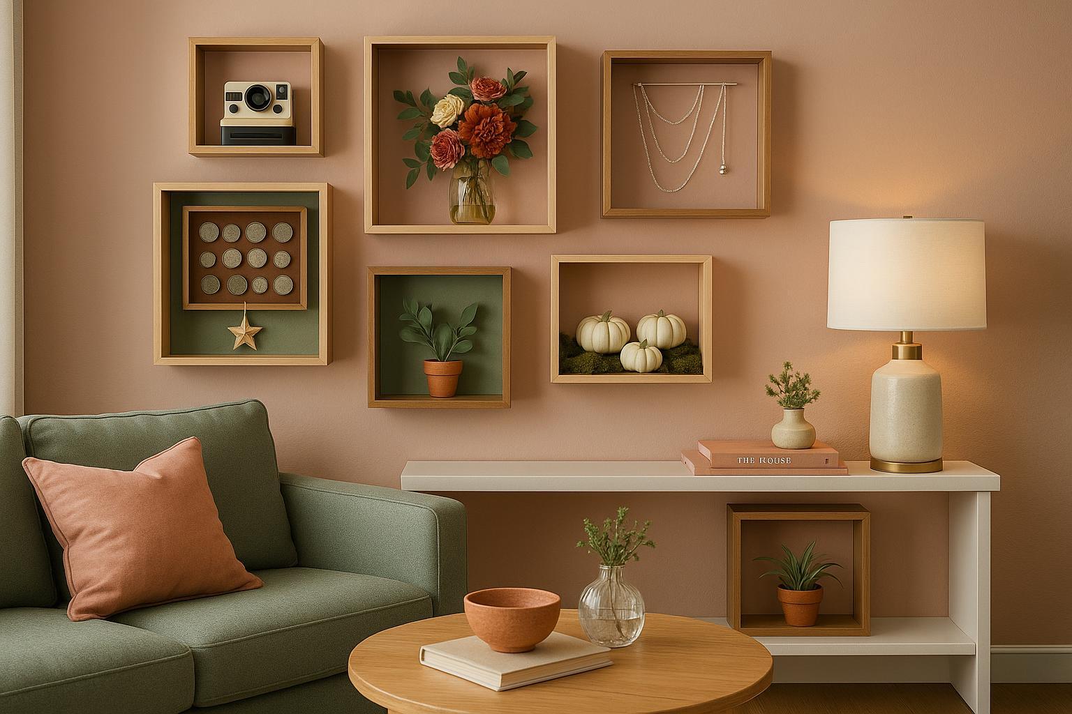 Contemporary living room showcasing open shadow box decor ideas with 2025 color trends.