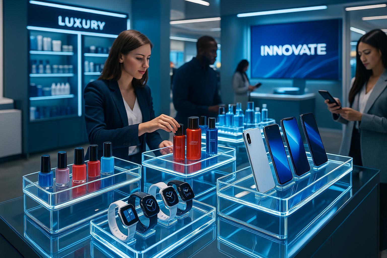 Modern acrylic POP display solutions in a 2025 US retail setting, highlighting product engagement and innovative design.