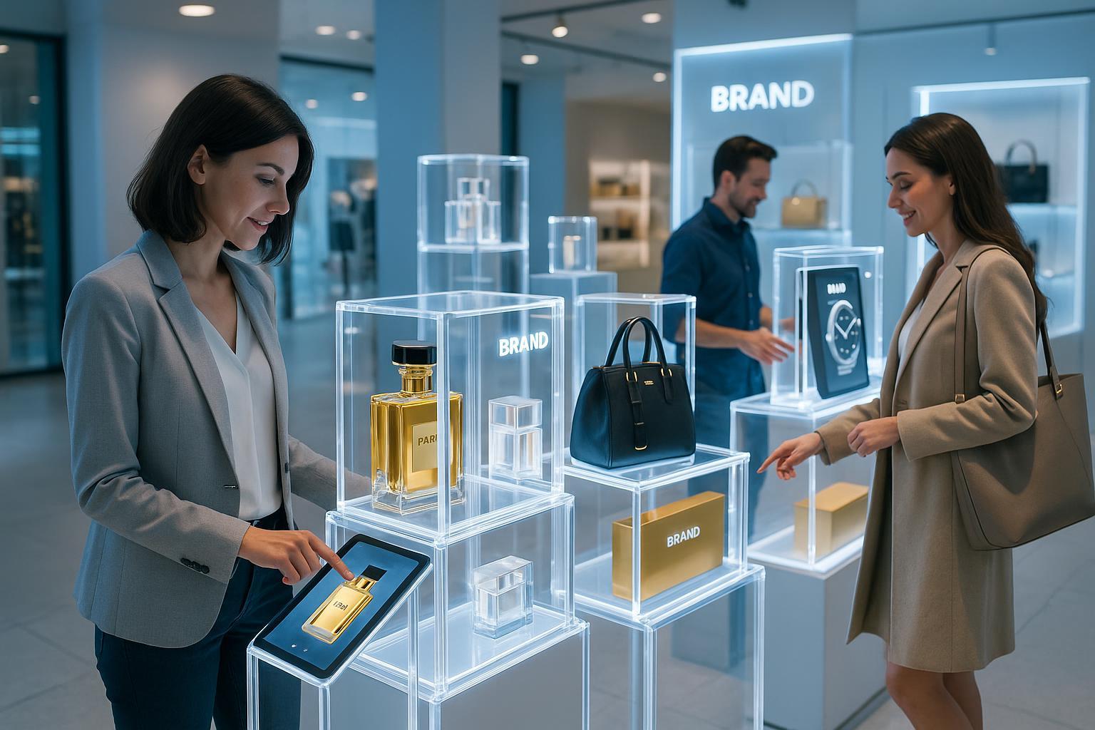 Innovative acrylic POS display strategies in a luxurious retail environment.
