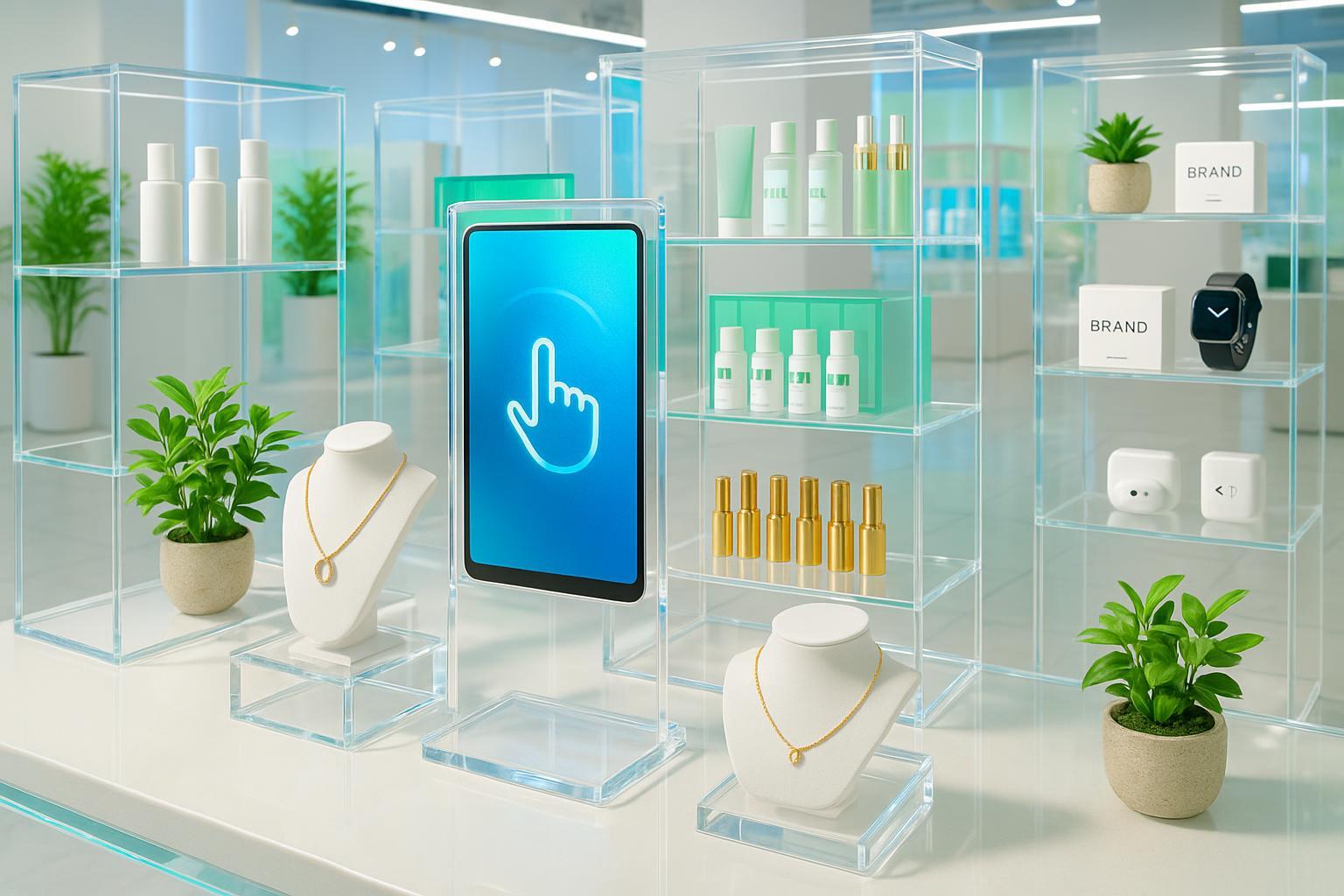 Innovative acrylic POS product displays in a modern retail setting, featuring interactive elements and eco-friendly touches.