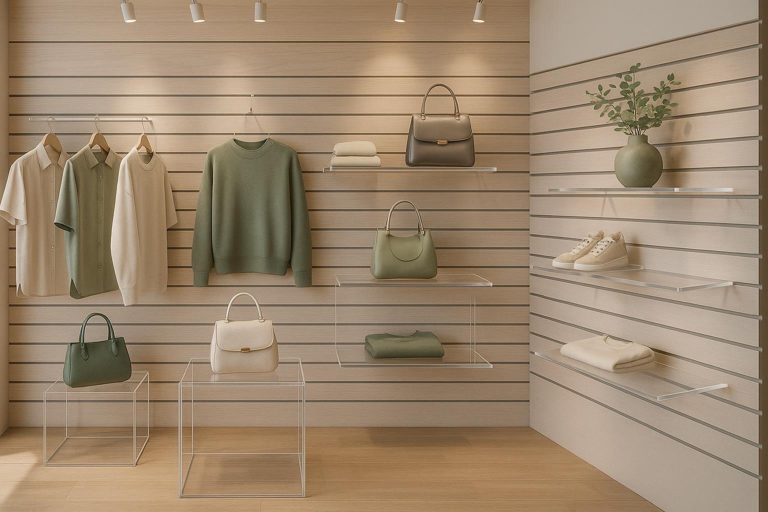 Modern boutique interior showcasing horizontal slatwall panels and custom acrylic displays in a stylish 2025 setting.