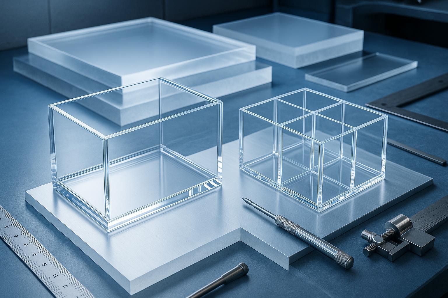 Photo-realistic image showing high-quality acrylic display box, organizer, and raw sheets in a modern workshop, highlighting clarity and premium finish.