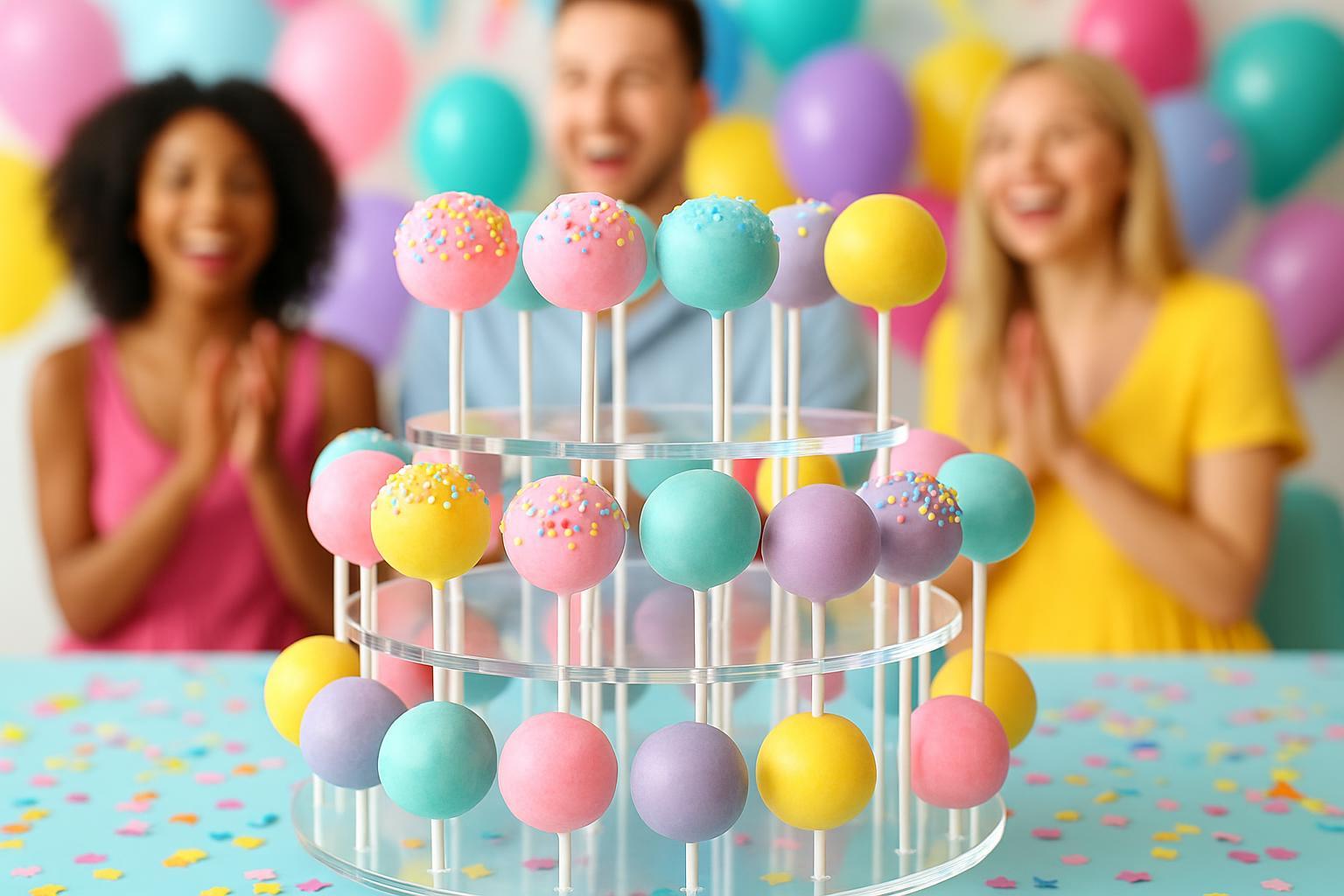Creative cake pop display at a party with acrylic stand, balloons, and confetti.