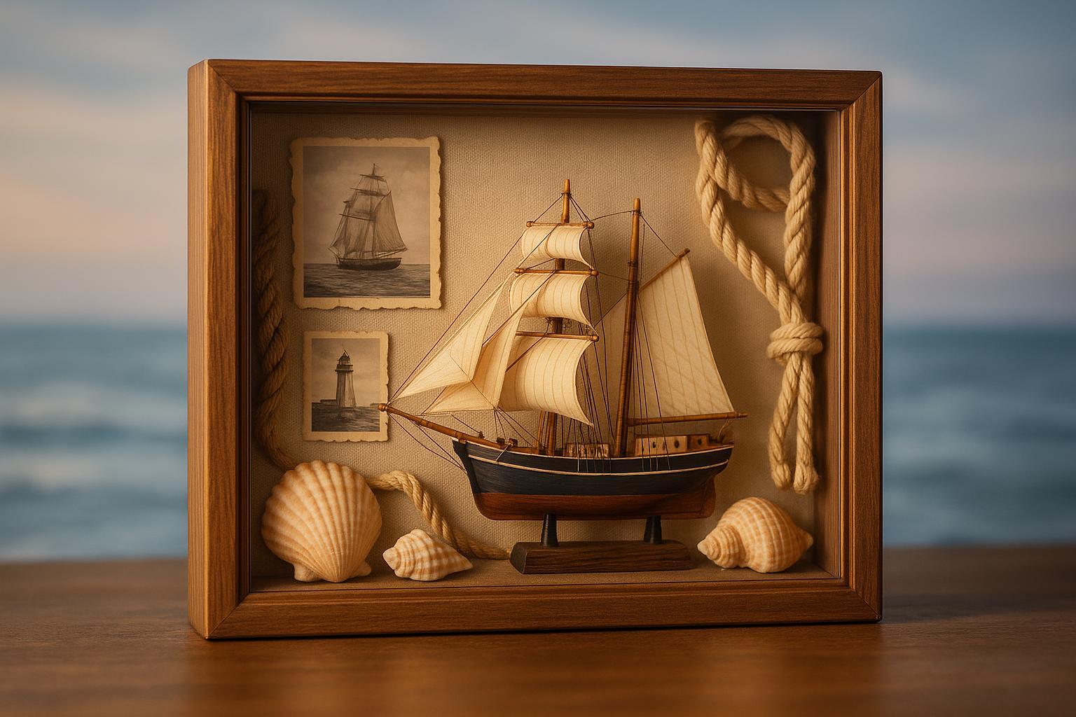 Expertly crafted ship shadow box displaying nautical memorabilia in a premium acrylic case, set against a nostalgic sea-themed background.