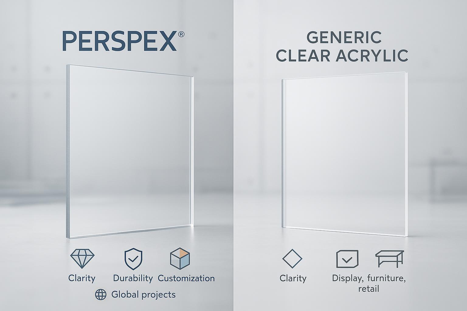 Perspex vs Acrylic comparison—premium vs generic clear acrylic sheet for manufacturing and design