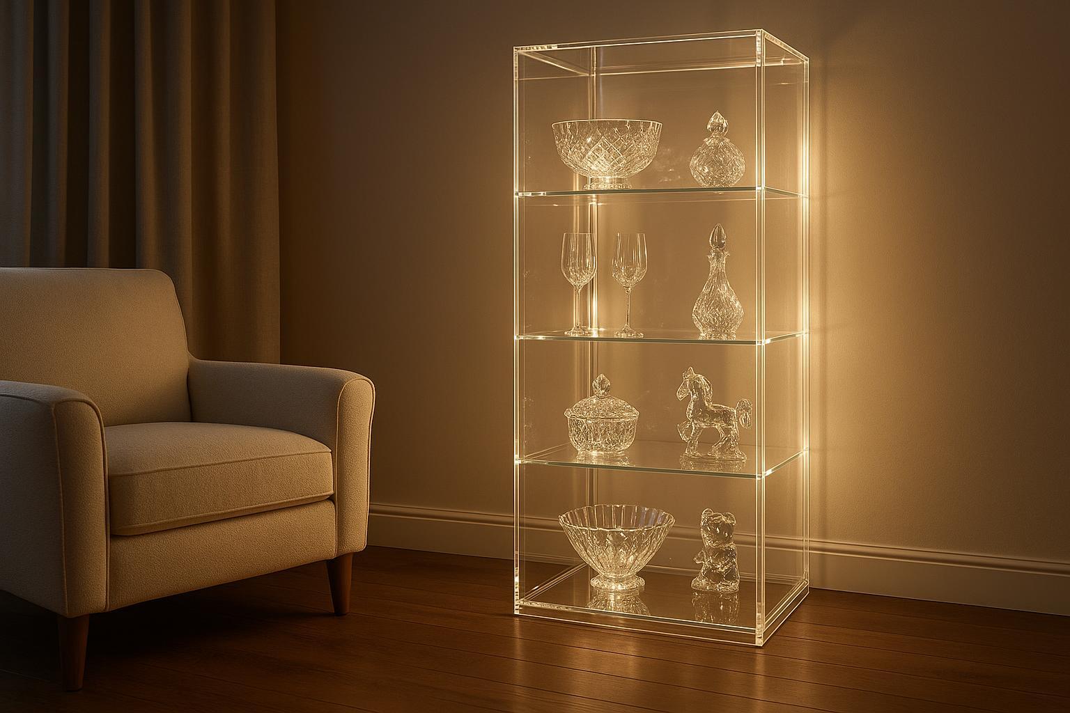 A modern living room with a lit acrylic curio cabinet showcasing collectibles.