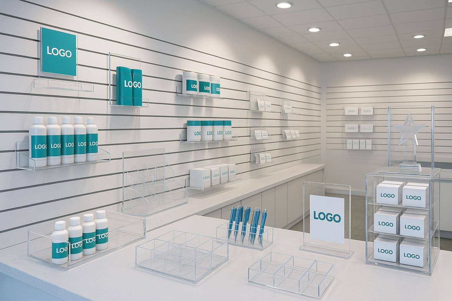 Transformed retail space featuring slat wall panels and custom Toyin acrylic displays