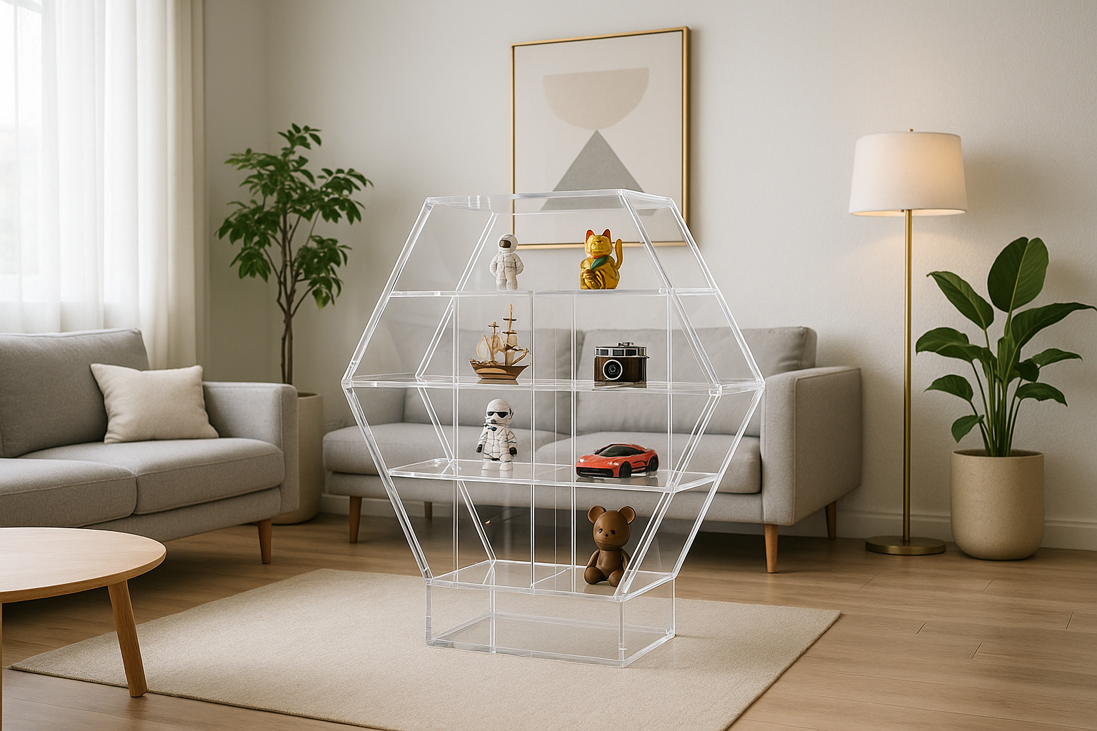Modern living room with custom acrylic hexagon curio cabinet as a centerpiece.