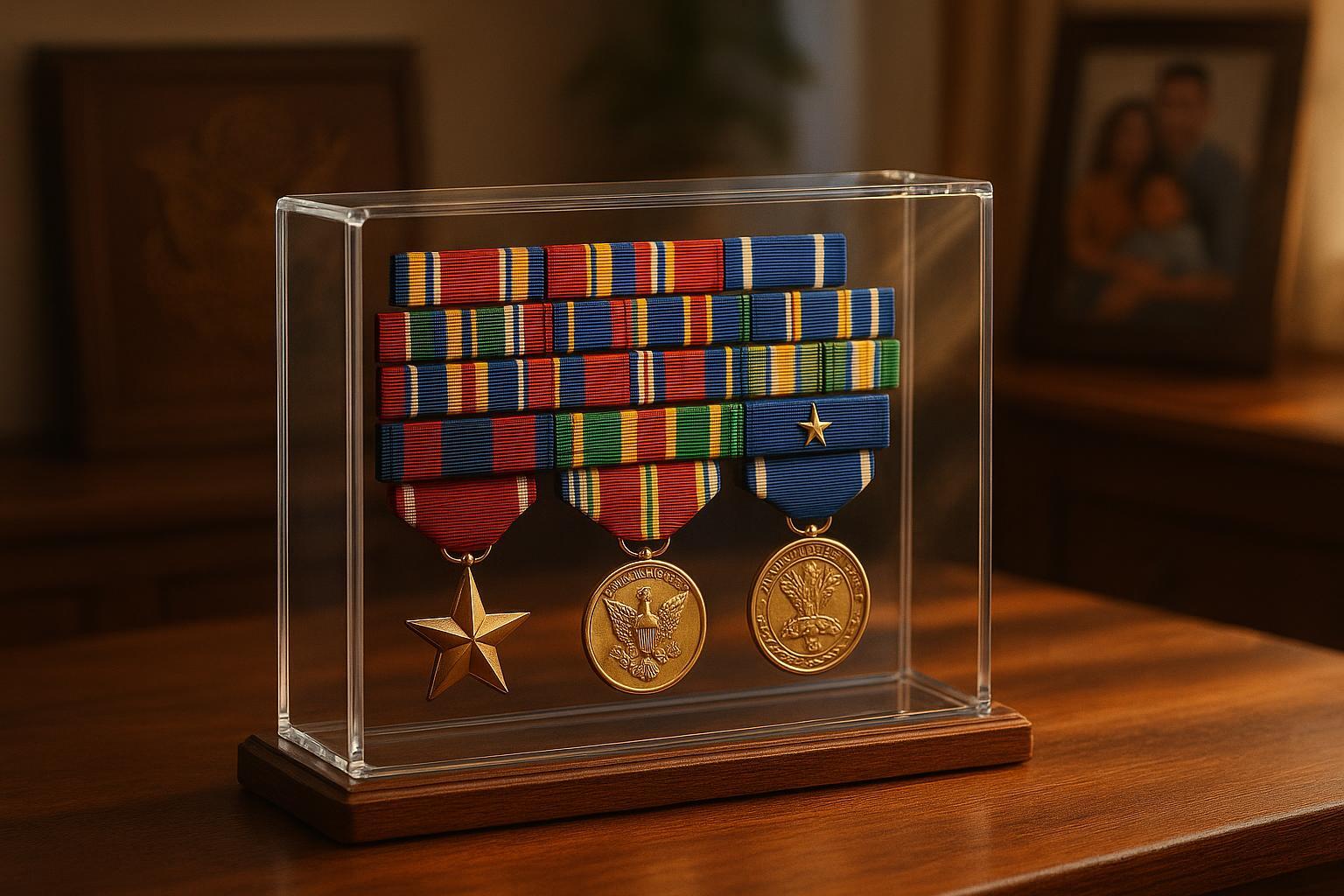 An acrylic military ribbon display case showcasing colorful ribbons and medals in a warm, respectful home setting, symbolizing legacy and honor.