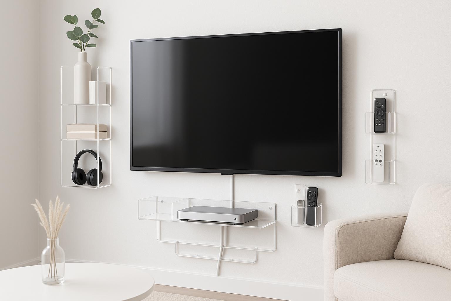 Wall-mounted TV in a corner with acrylic organizers and cable trays in a modern space.