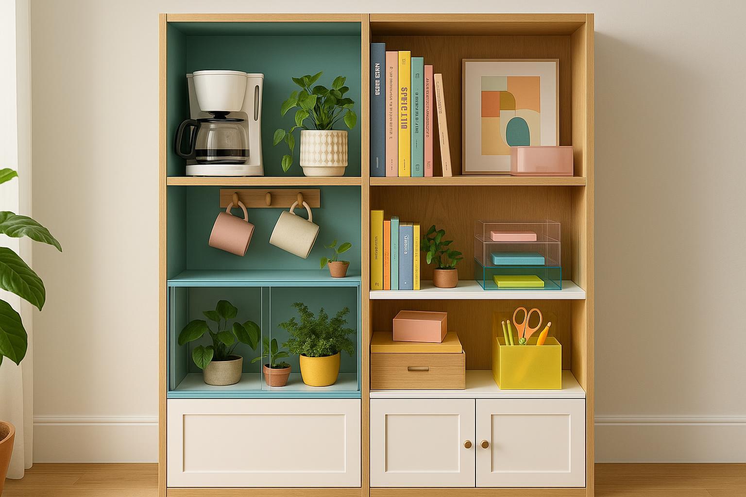 A reinvented china cabinet styled for multiple creative uses including coffee bar, greenery, bookshelf, and modern acrylic organization in a bright home.