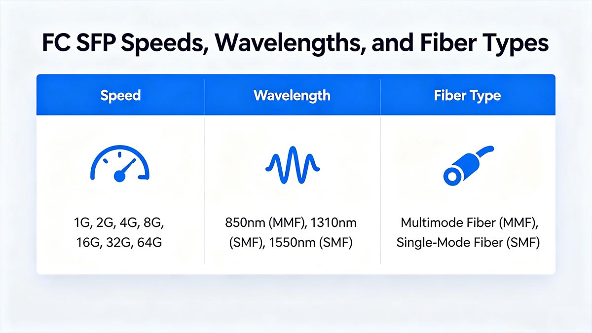 FC SFP Speeds, Wavelengths, and Fiber Types