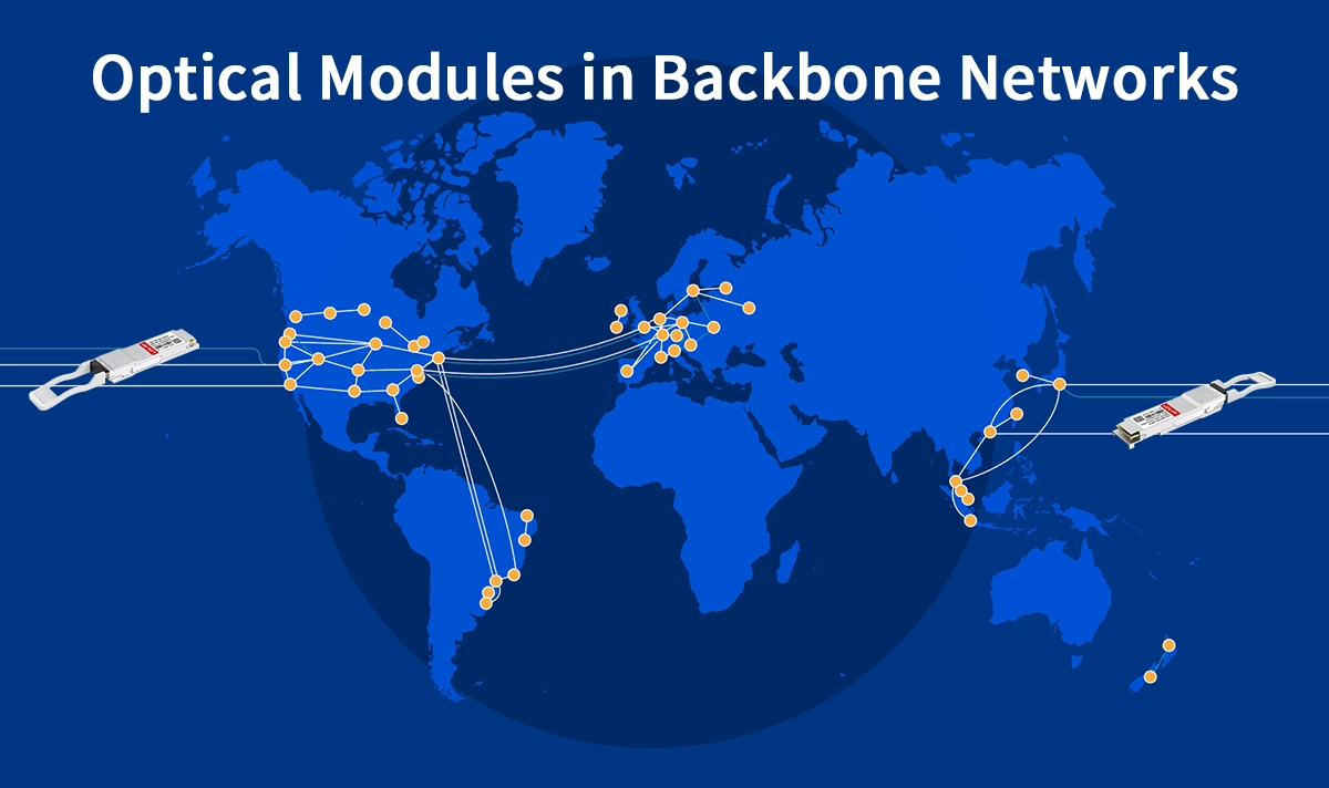 High-tech backbone network visualization with optical modules connecting global datacenters, symbolizing LINK-PP innovation and reliability.