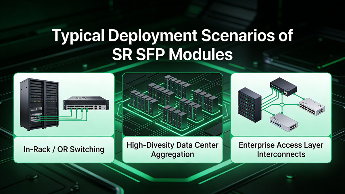 Typical Deployment Scenarios of SR SFP Modules:In-Rack / ToR Switching, Data Center, Enterprise Access