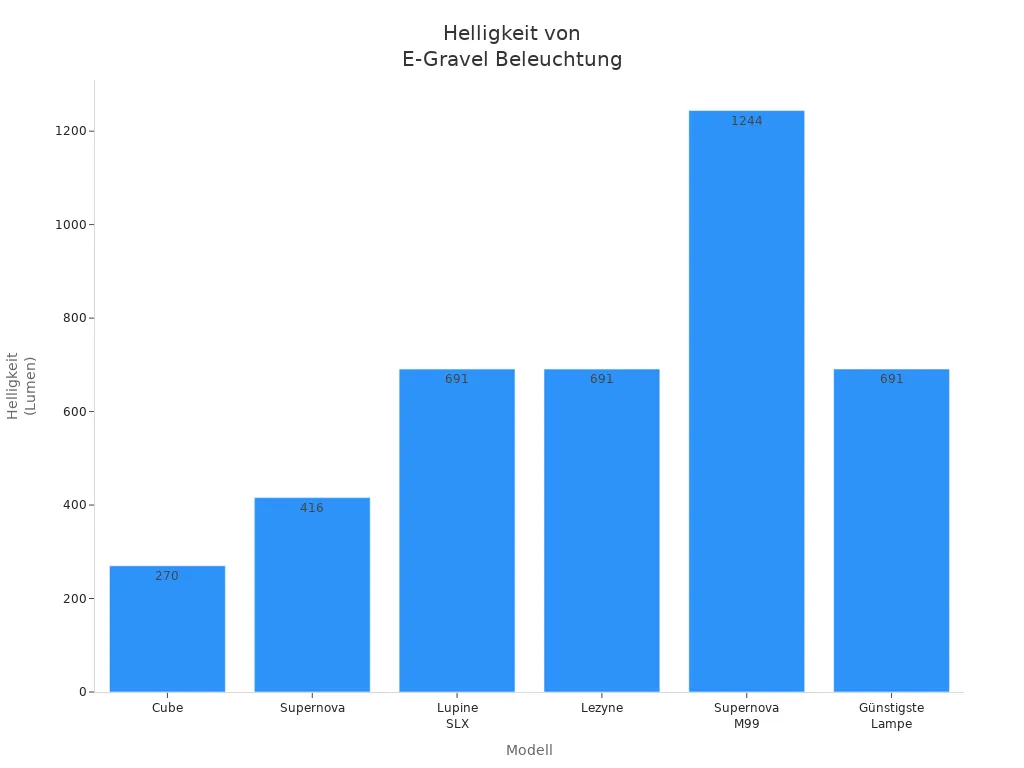 Balkendiagramm der Helligkeit verschiedener E-Gravel Bike Lampen
