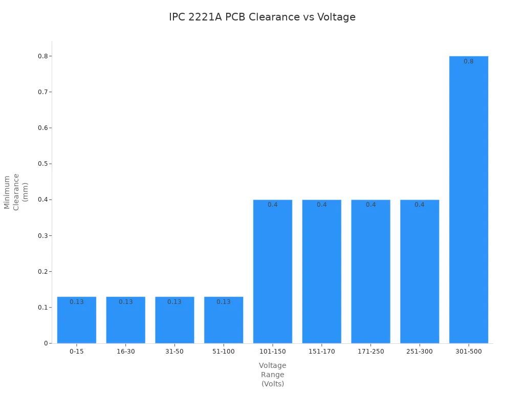 Bar chart showing minimum PCB clearance distances for different voltage ranges per IPC 2221A