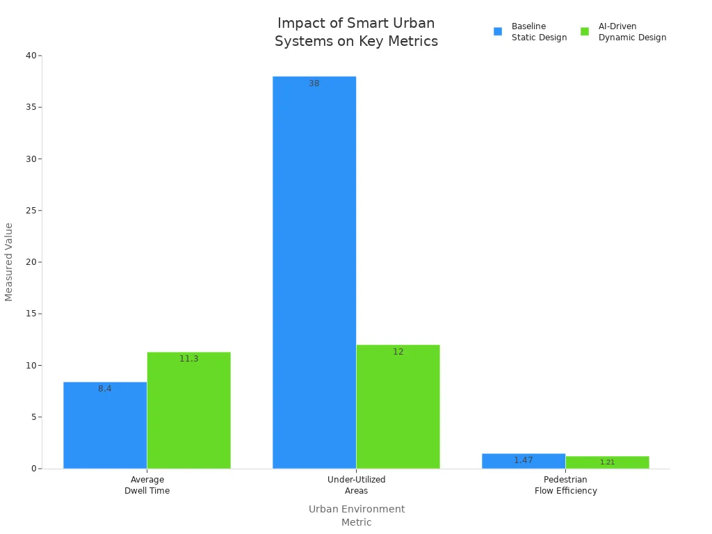 Bar chart comparing baseline and AI-driven urban system metrics