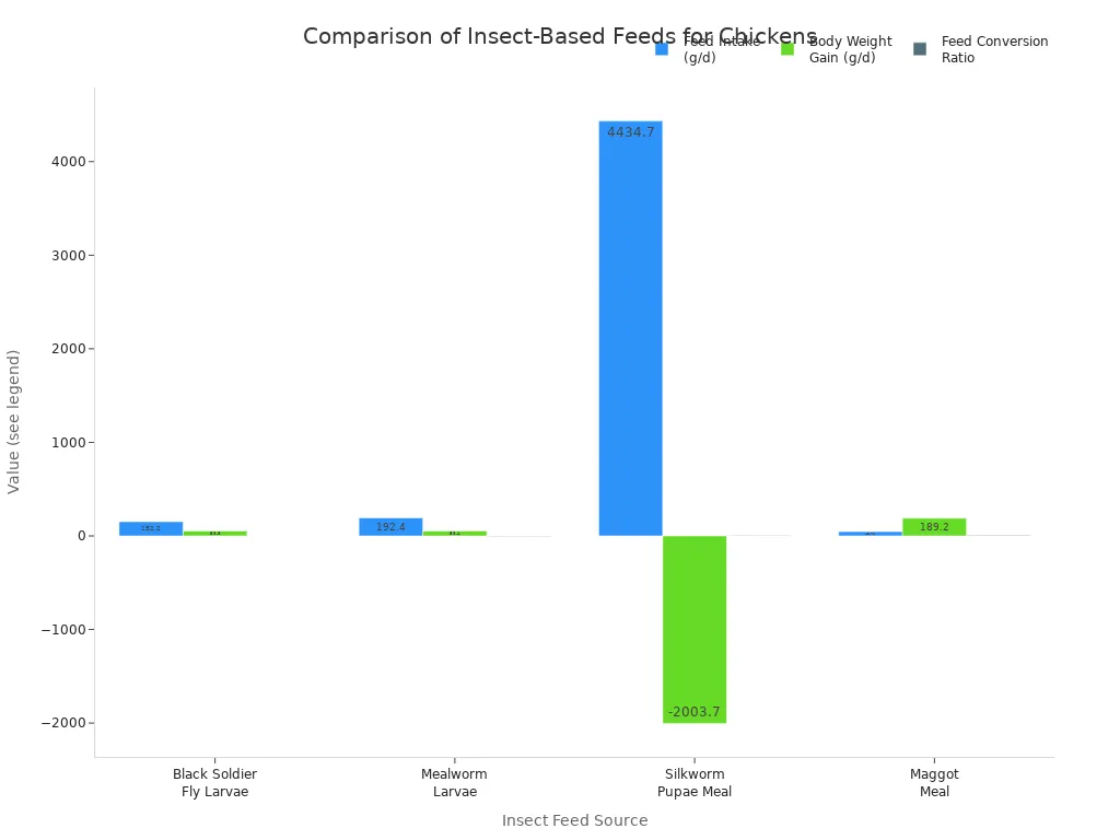 Bar chart comparing feed intake, body weight gain, and feed conversion ratio for four insect-based chicken feeds