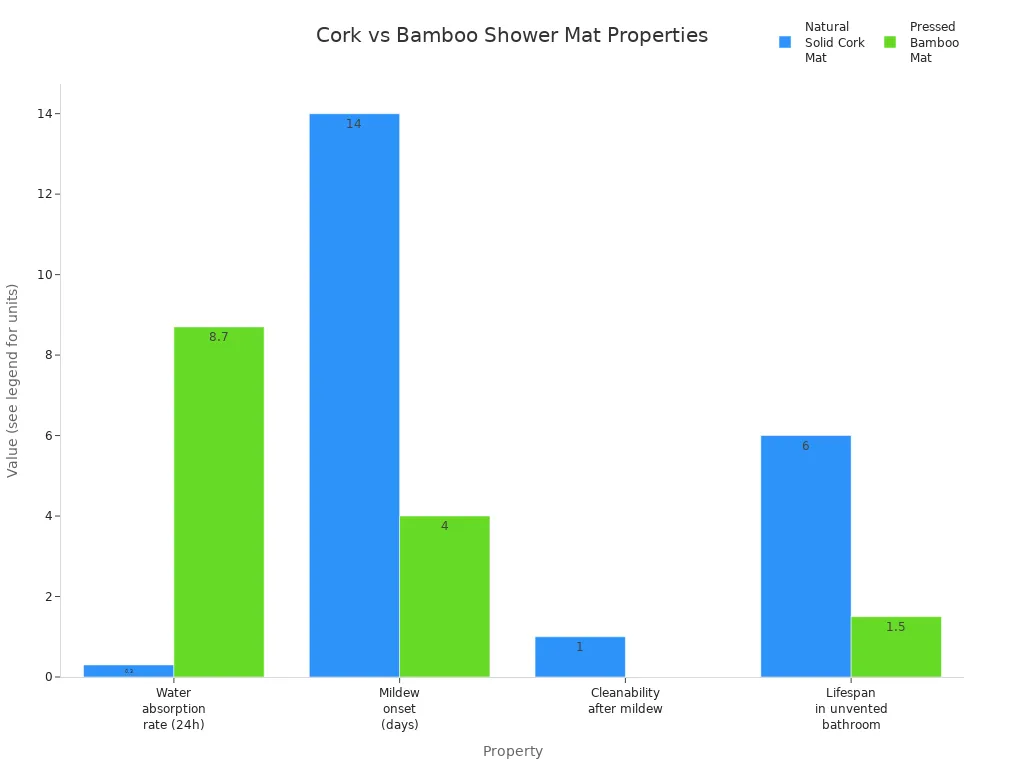 Bar chart comparing water absorption, mildew onset, cleanability, and lifespan of cork and bamboo shower mats