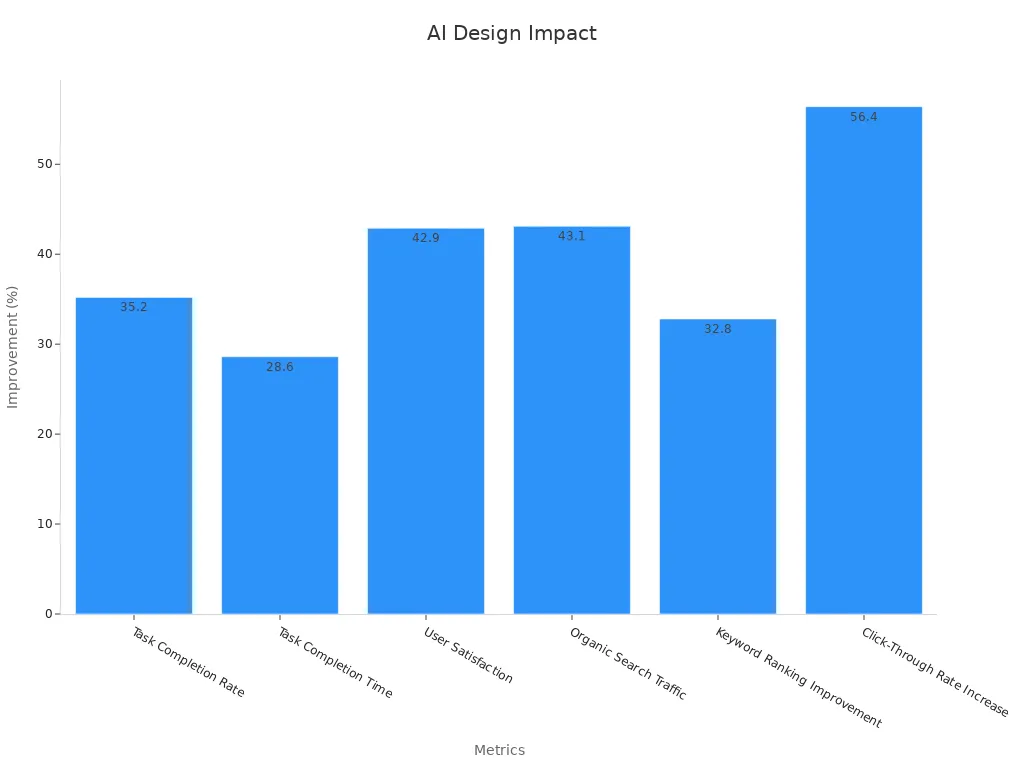 Bar chart showing six metrics with website improvement percentages