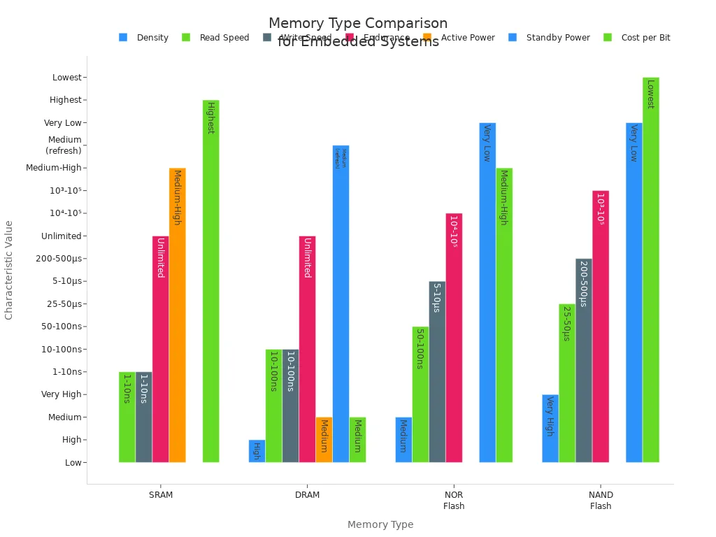 Grouped bar chart comparing SRAM, DRAM, NOR Flash, and NAND Flash across density, speed, endurance, power, and cost