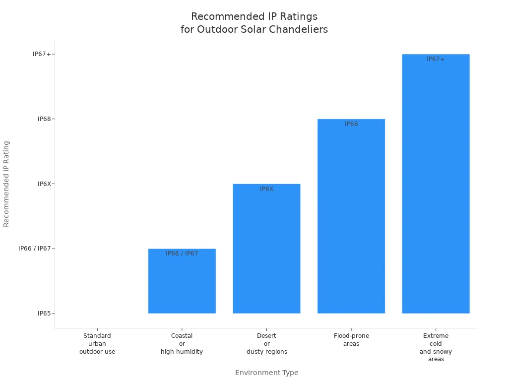 Bar chart showing recommended IP ratings for solar chandeliers in various outdoor environments