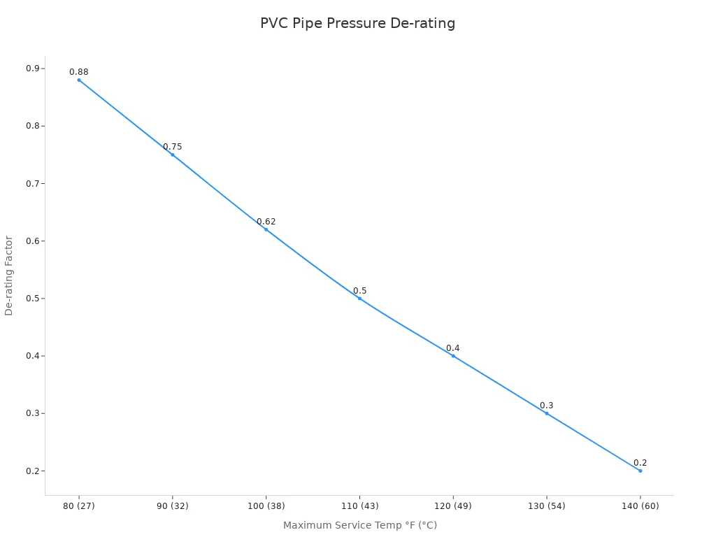 A line chart showing the pressure de-rating factor for PVC pipe as maximum service temperature increases from 80°F to 140°F.