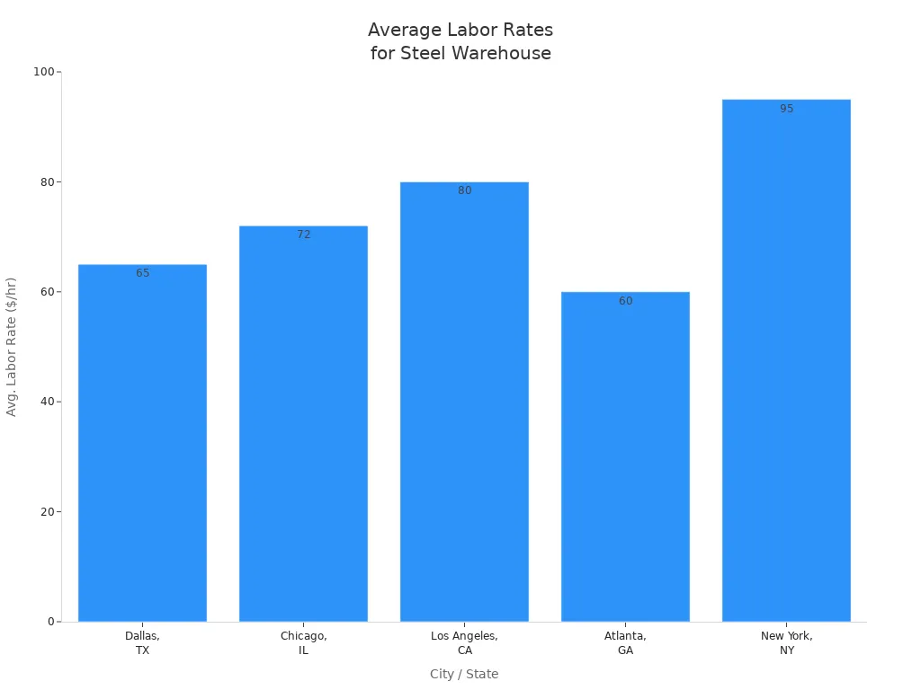 Bar chart comparing average labor rates for steel structure warehouse construction in five US cities