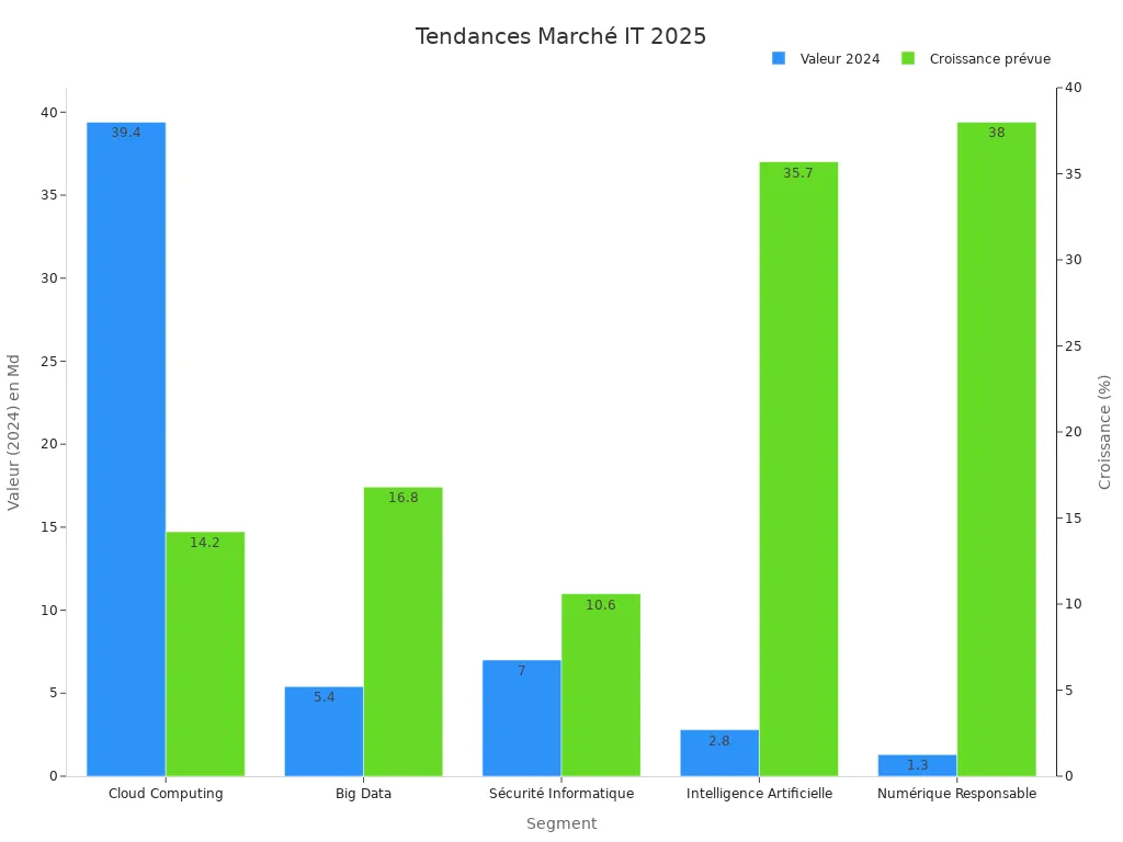 Graphique à barres des segments IT pour 2024 et leur croissance