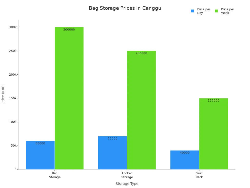 Bar chart comparing daily and weekly prices for bag, locker, and surf rack storage in Canggu, Bali