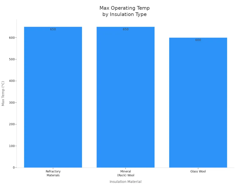 Bar chart comparing max operating temperatures of refractory, mineral wool, and glass wool insulation.