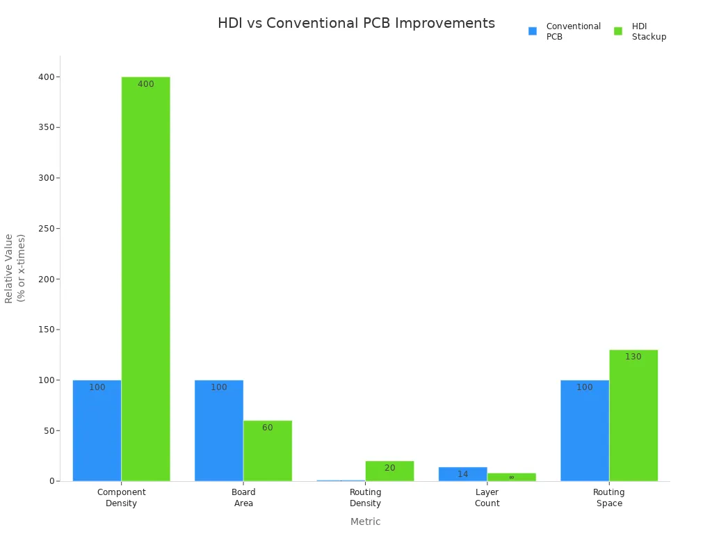Bar chart comparing HDI stackup and conventional PCB for component density, board area, routing density, layer count, and routing space.