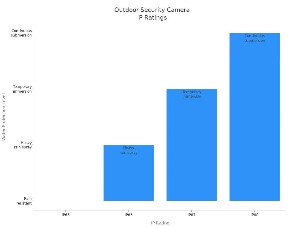 Bar chart comparing IP ratings and water protection levels for outdoor security cameras