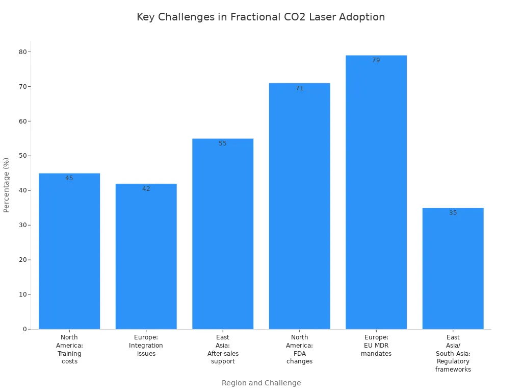 Bar chart showing main challenges and their percentages for fractional CO2 laser adoption by region