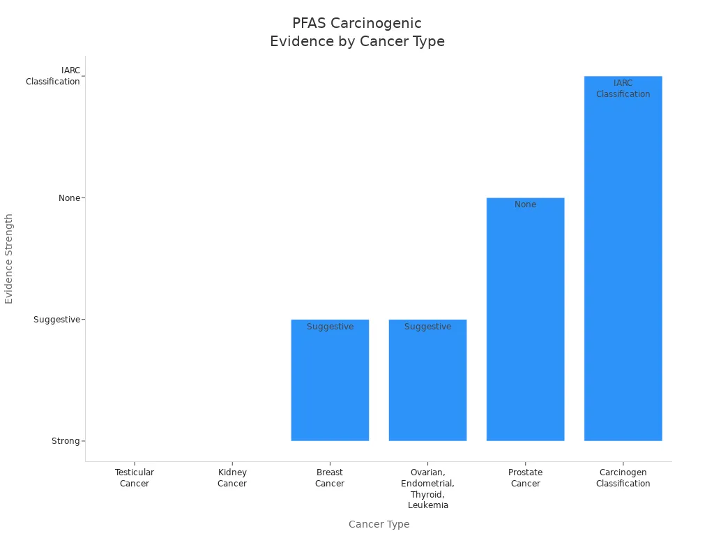 Graphique &agrave; barres montrant la force des preuves de la canc&eacute;rog&eacute;nicit&eacute; du PFAS entre les types de cancer
