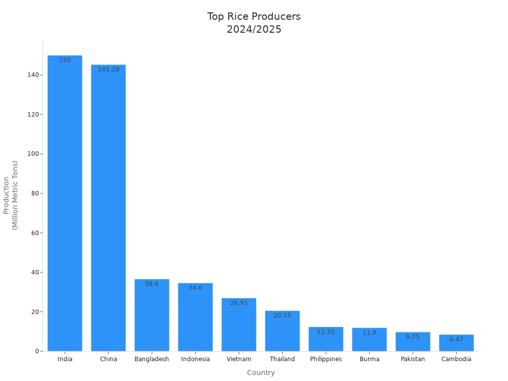 Bar chart comparing rice production by country for 2024/2025