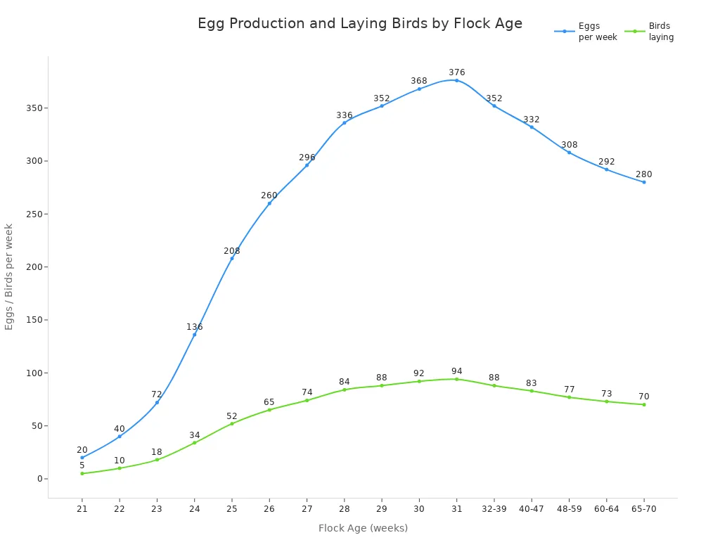 Line chart showing weekly egg production and number of birds laying as flock ages