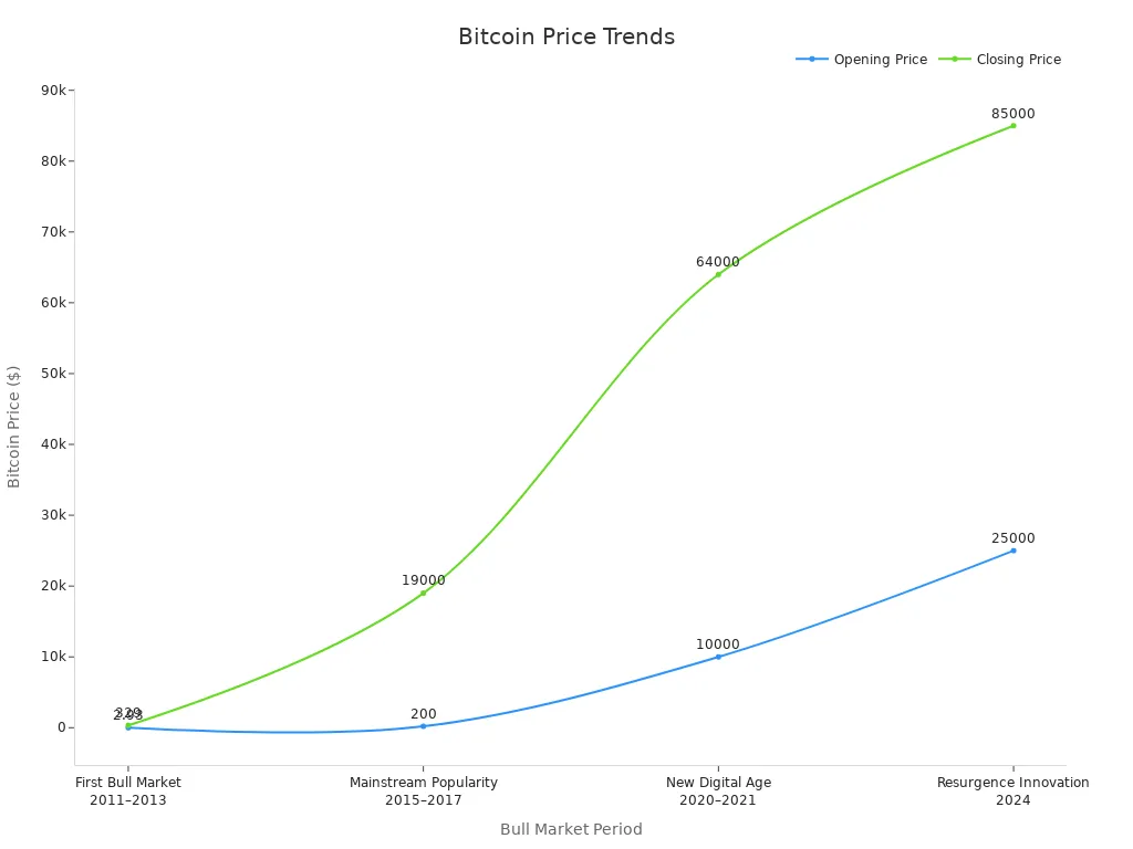 Line chart showing bitcoin opening and closing price trends across bull market periods