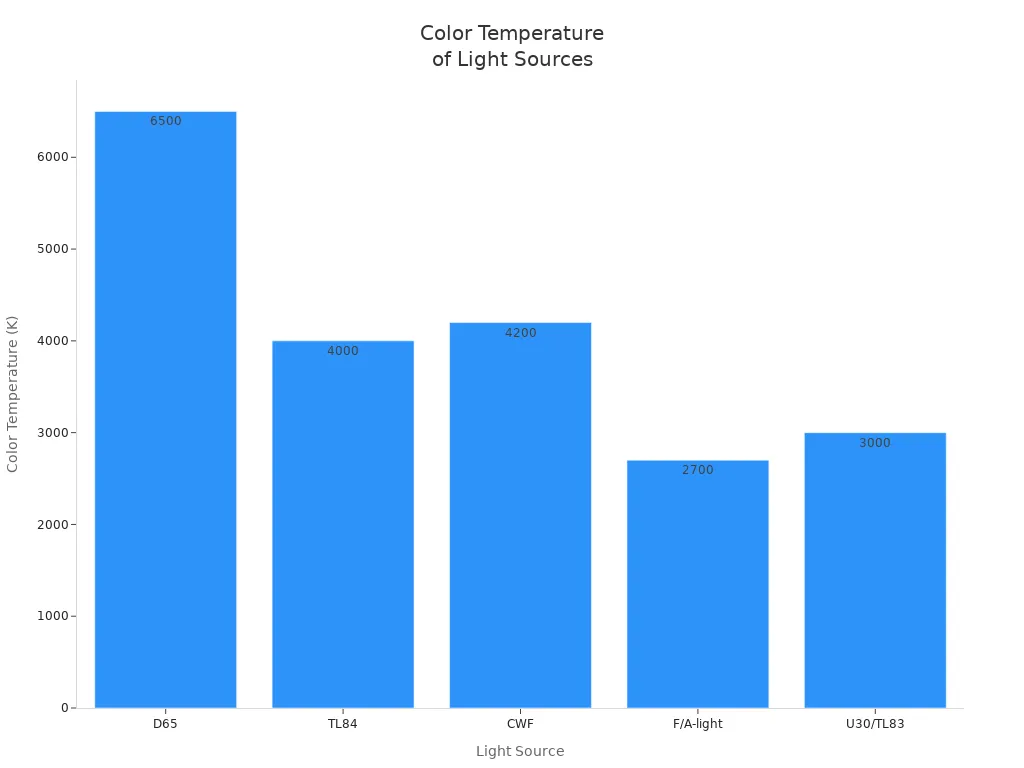 Bar chart comparing color temperatures of different light sources used in daylight light boxes