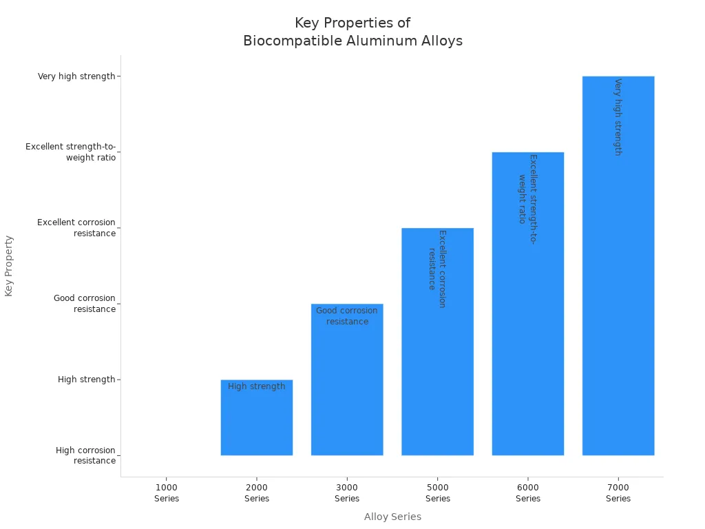 Bar chart showing key properties of major biocompatible aluminum alloy series used in medical die casting