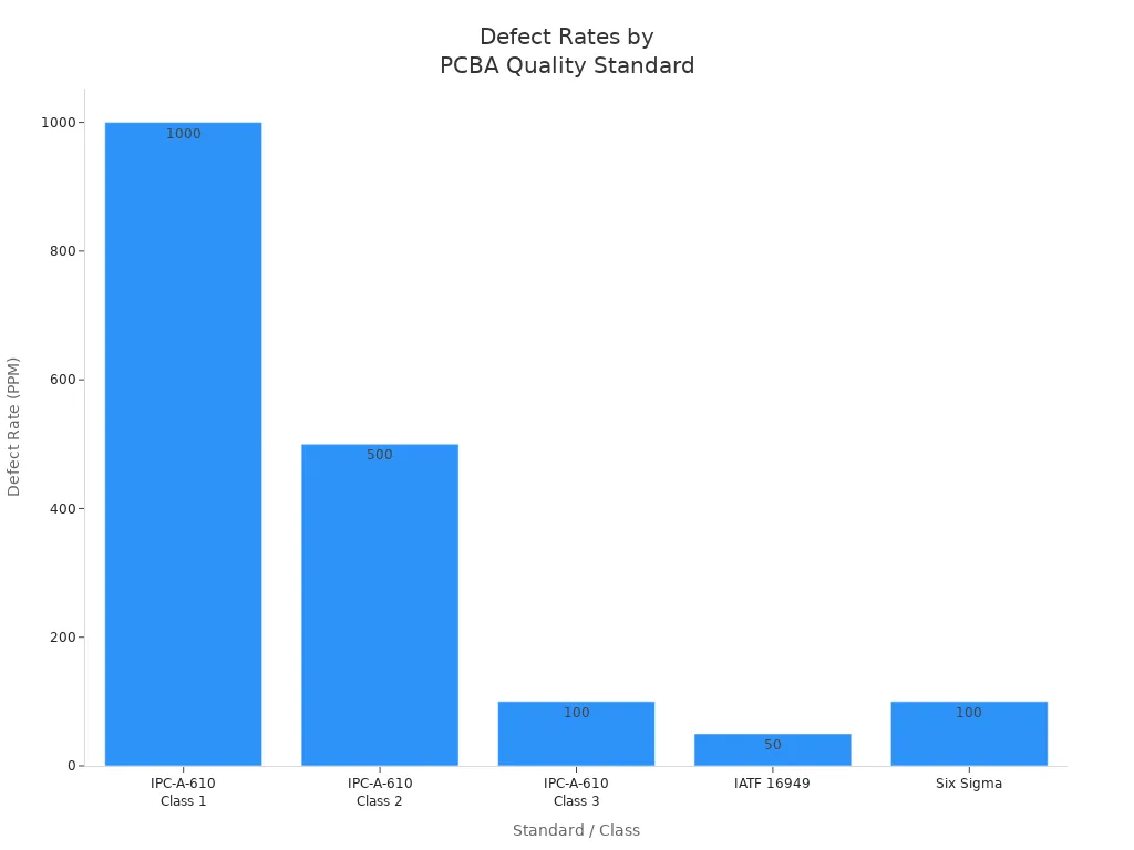 Bar chart comparing defect rates for PCBA quality standards and classes