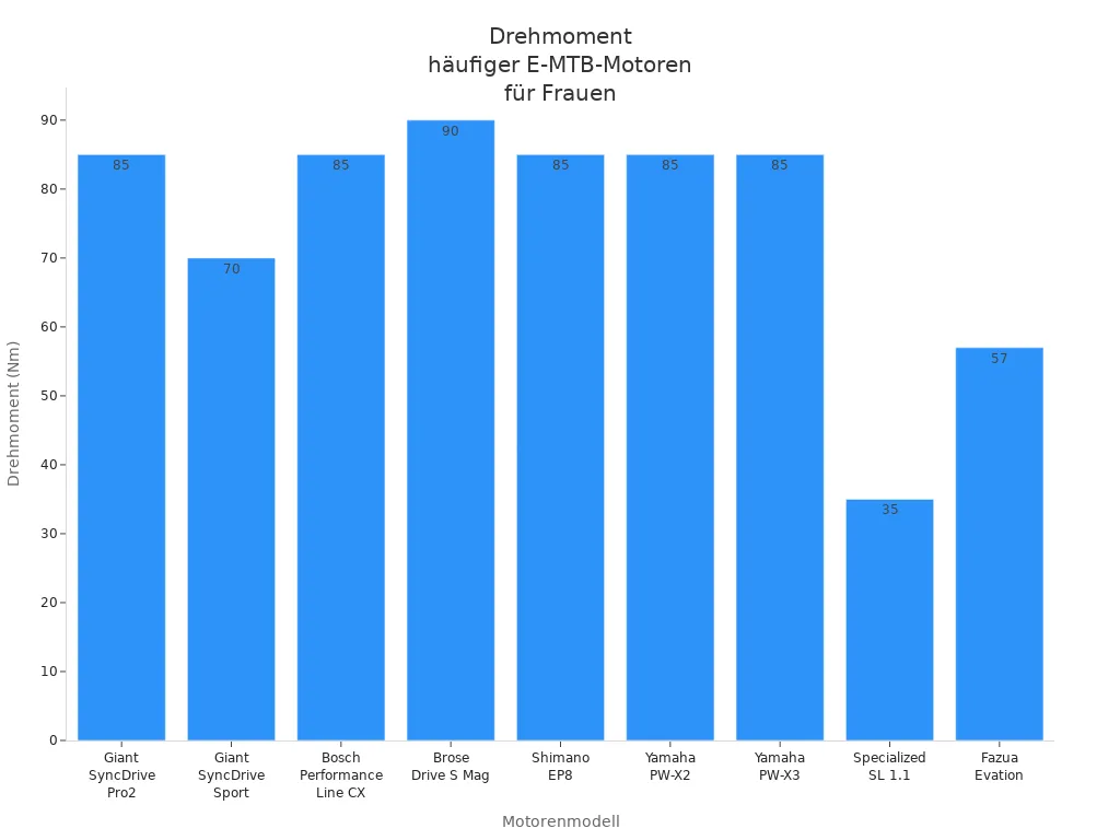 Balkendiagramm mit Drehmoment der meistgenutzten E-MTB-Motoren für Frauen