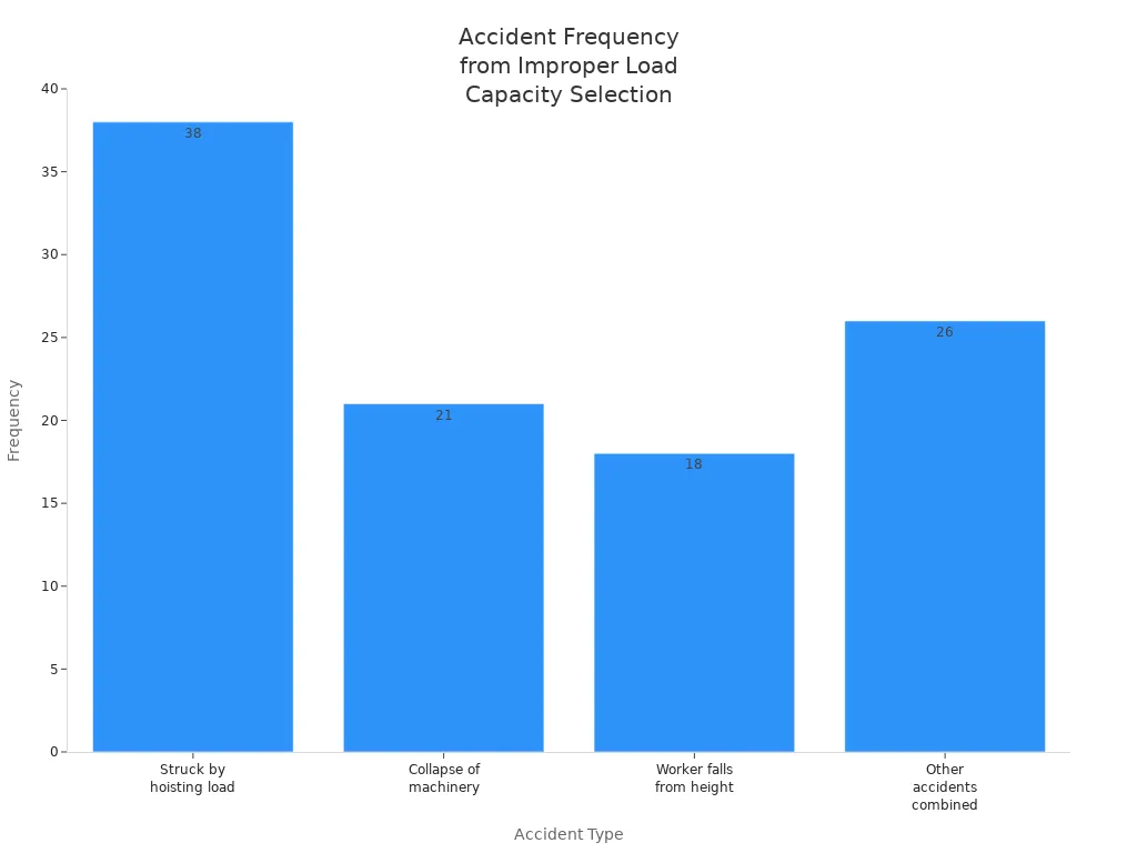 Bar chart comparing frequencies of workplace accidents due to improper magnetic hook load capacity selection