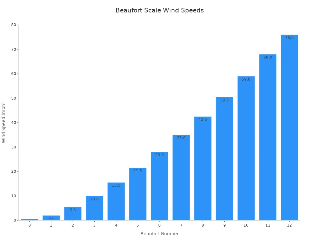 Bar chart showing typical wind speeds in mph for each Beaufort scale number from 0 to 12